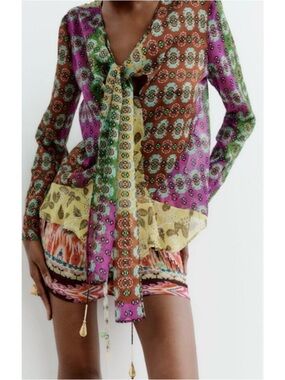 Zara BNWT Studio Zodiac Semi Sheer Printed Blouse Sz Small